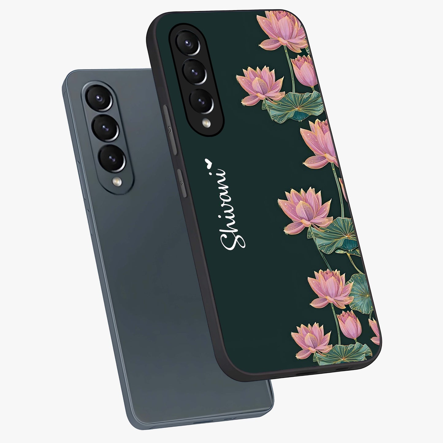 Lotus Bloom Serenity Custom Name Glass Case displayed in angled mockup highlighting graceful lotus illustration with custom name feature.