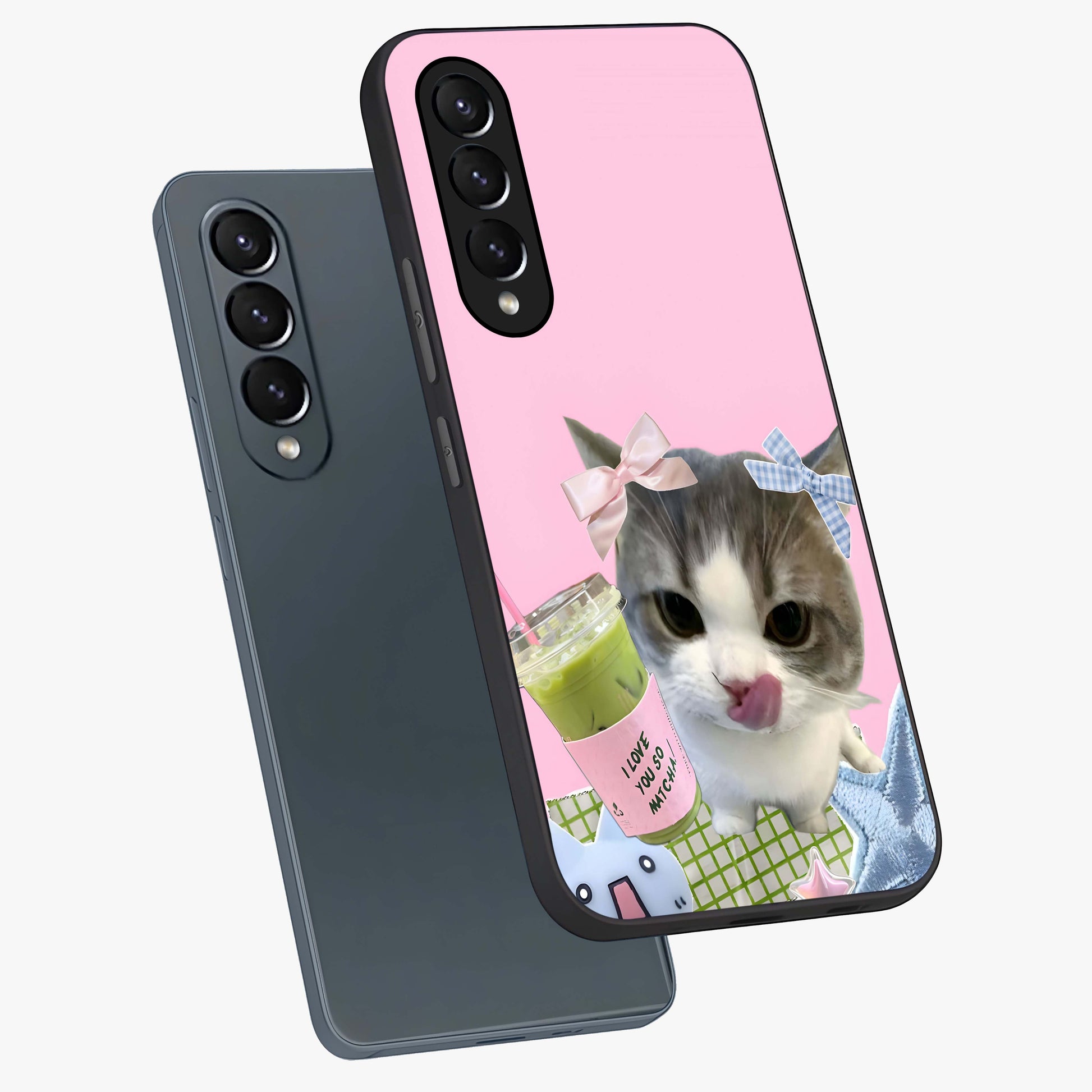 Love Matcha Cat Glass Case displayed in angled mockup highlighting playful feline illustration with cozy matcha aesthetic.