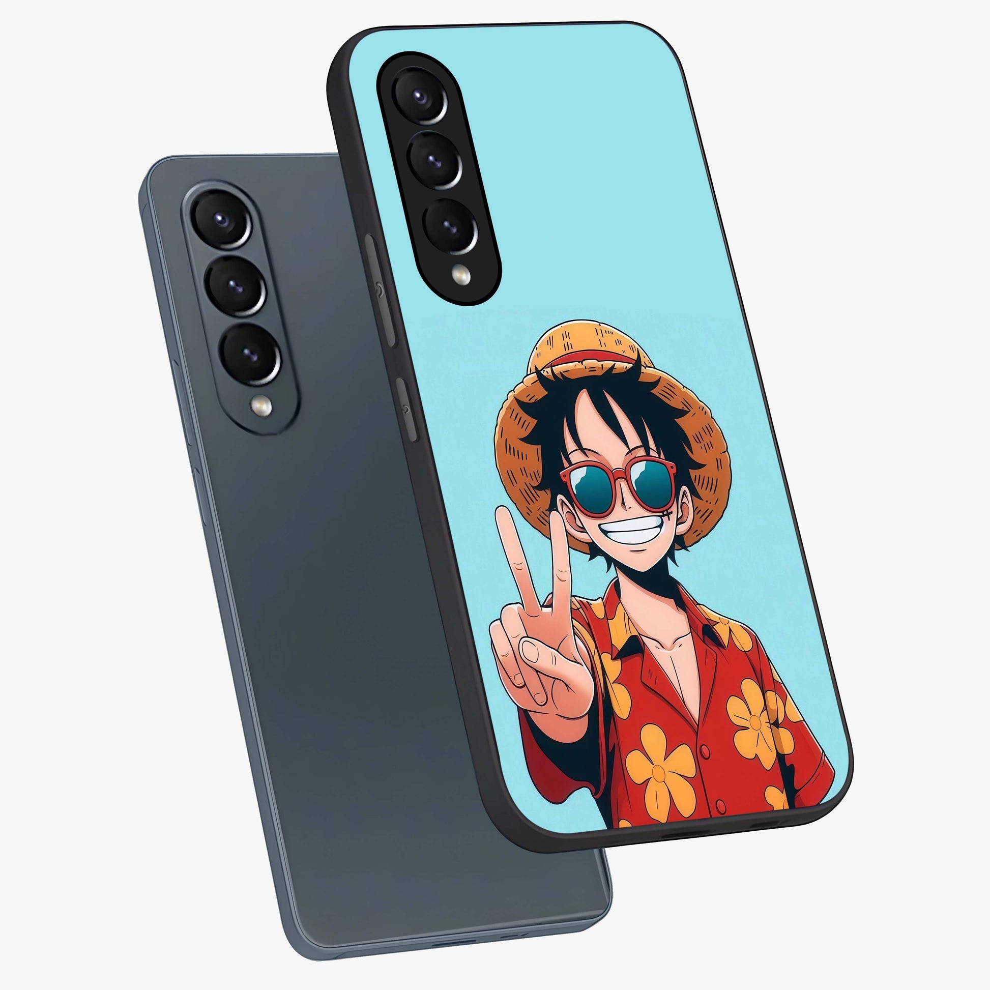 Luffy Summer Anime Vibe Glass Case displayed in angled mockup highlighting energetic anime illustration with summer vibe aesthetic.