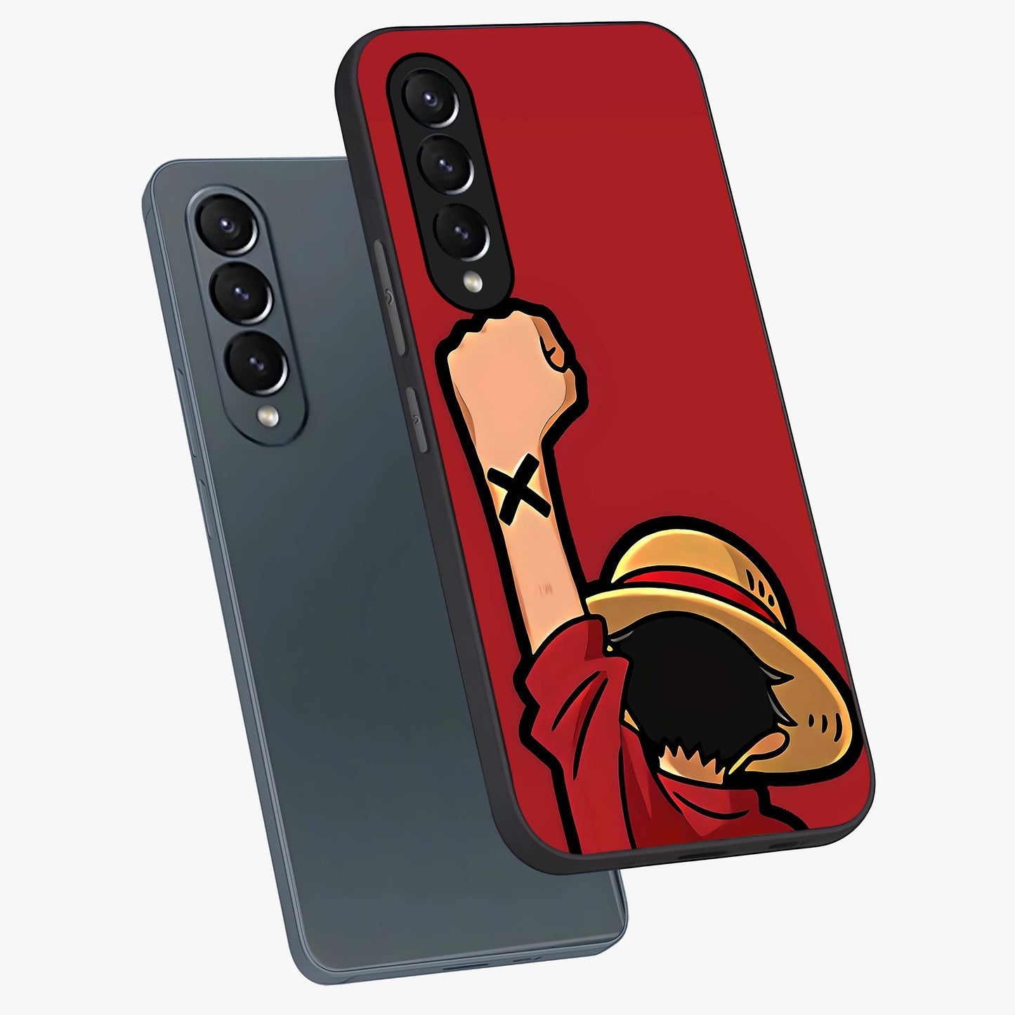 Luffy X Spirit Glass Case displayed in angled mockup highlighting powerful anime design with energetic action aesthetic.