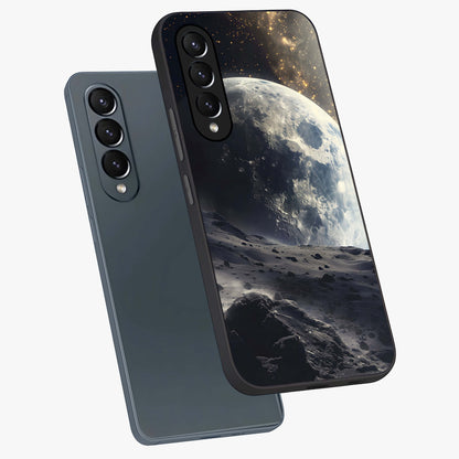 Lunar Horizon Glow Glass Case displayed in angled mockup highlighting celestial moon design with dreamy night aesthetic.