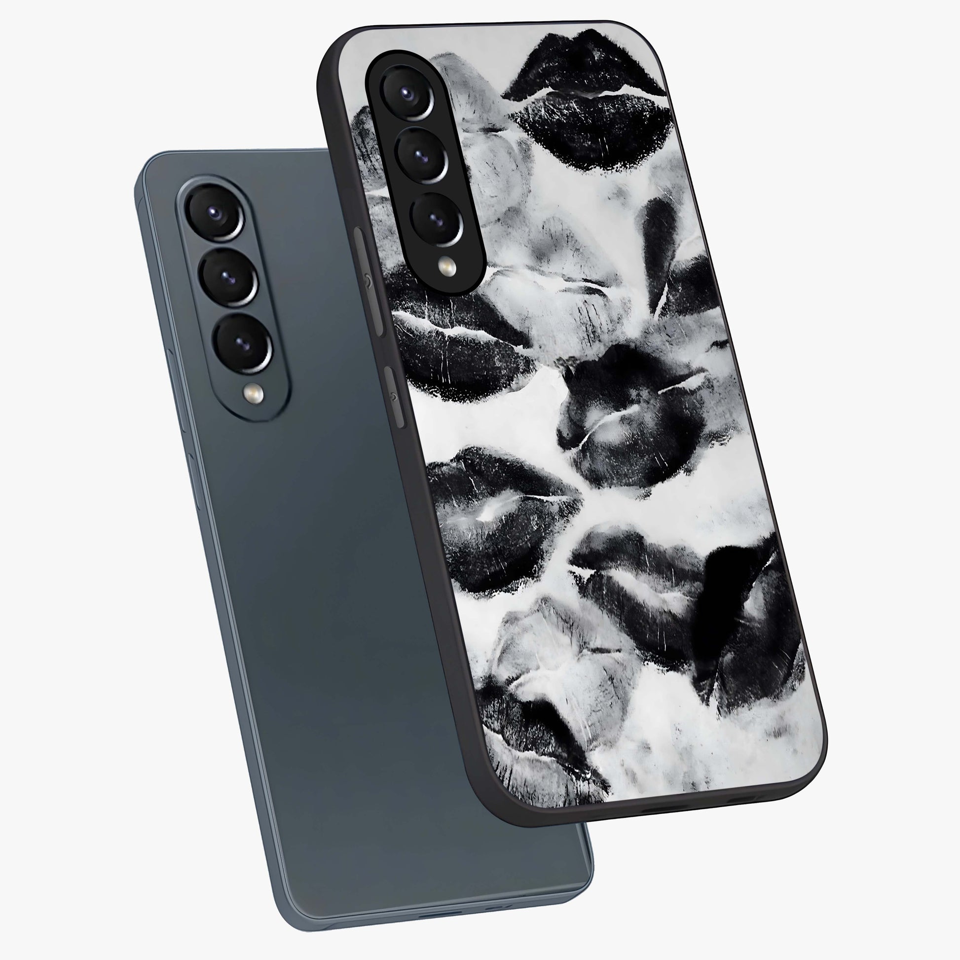 Midnight Kiss Marks Glass Case displayed in angled mockup highlighting playful romantic design with bold midnight aesthetic.