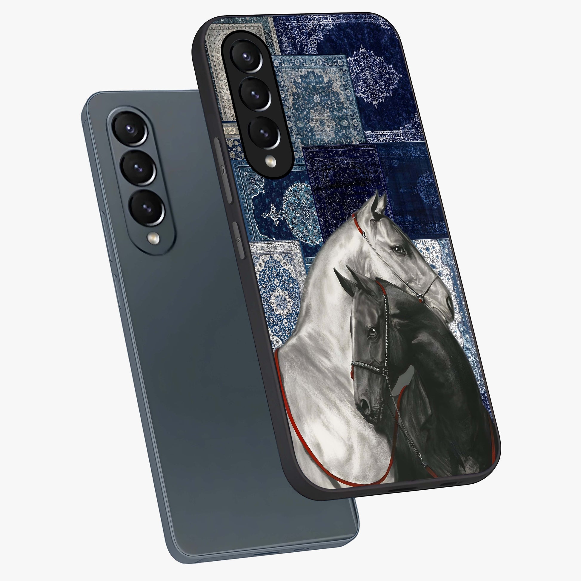 Midnight Stallion Blues Glass Case displayed in angled mockup highlighting powerful stallion illustration with deep midnight tones.