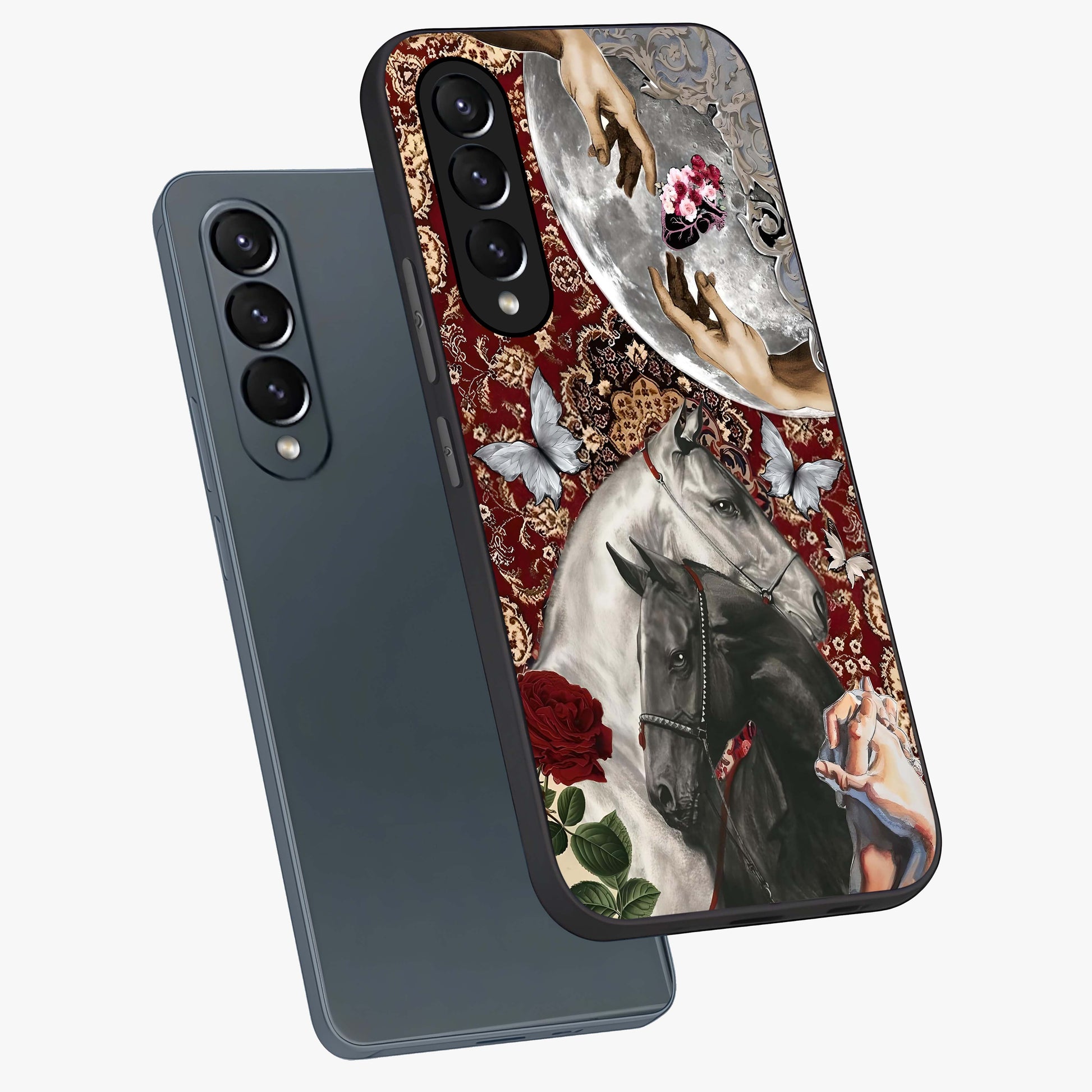 Moonlit Royal Stallion Glass Case displayed in angled mockup highlighting powerful stallion illustration with royal night aesthetic.