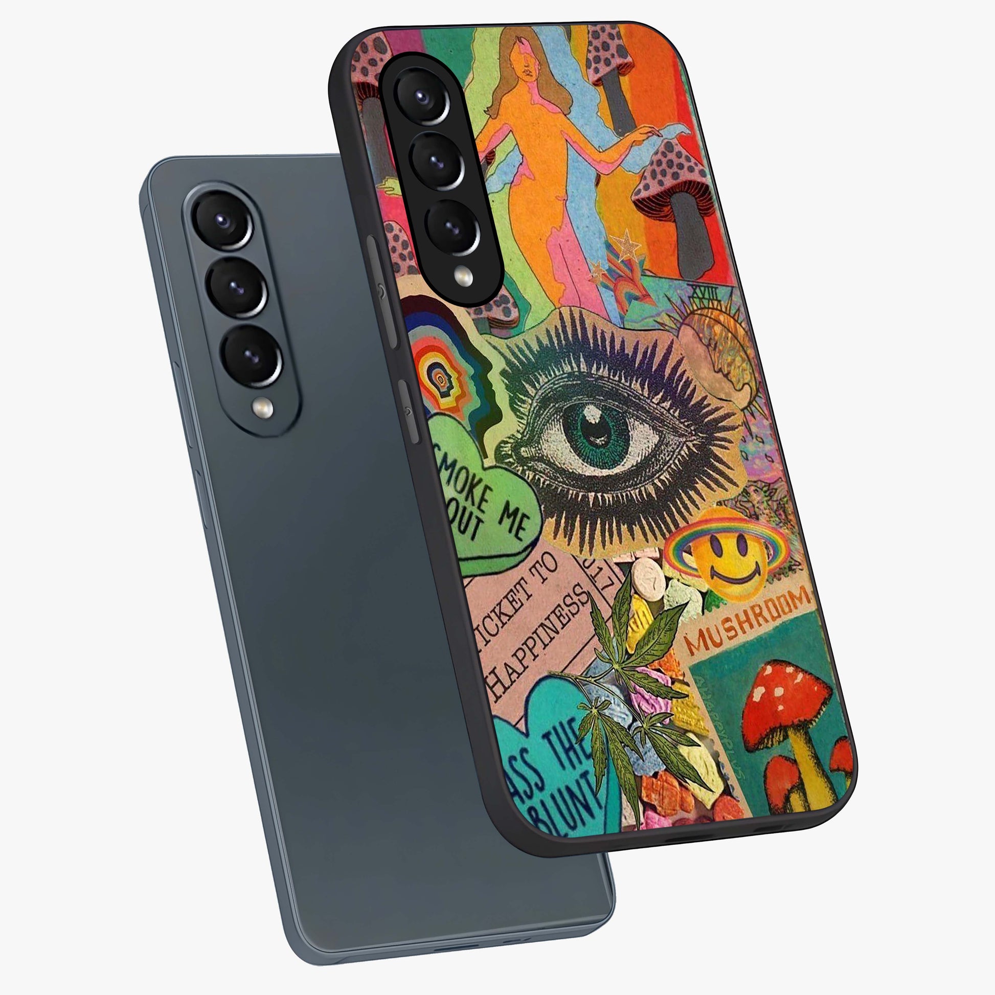 Mystic Eye Wonderland Glass Case displayed in angled mockup highlighting magical eye illustration with dreamy aesthetic.