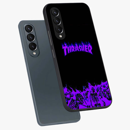 Neon Flame Riot Glass Case displayed in angled mockup highlighting glowing flame design with vibrant neon aesthetic.