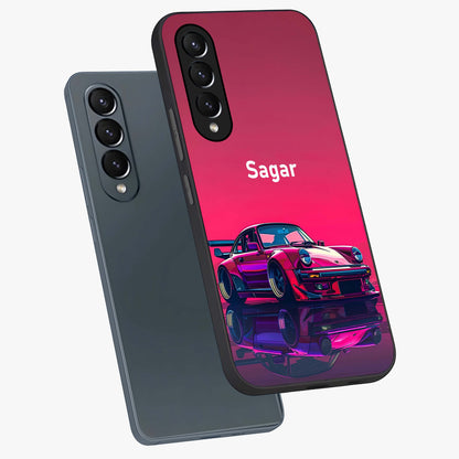 Neon Pink Porsche Glass Case displayed in angled mockup highlighting sleek neon pink car design with racing aesthetic.