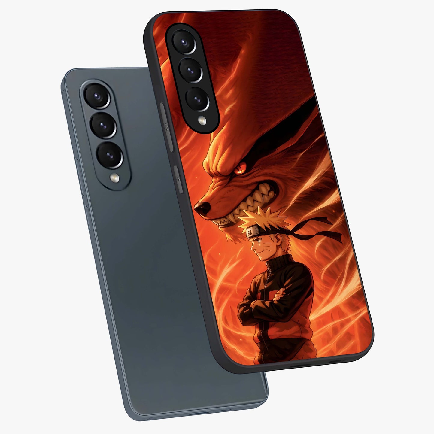 Nine Tails Legacy Glass Case displayed in angled mockup highlighting dynamic anime beast illustration with bold mystical aesthetic.