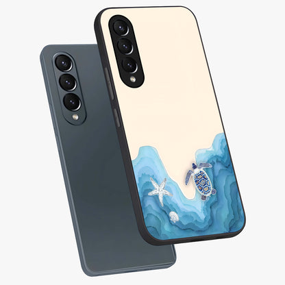 Ocean Drift Turtle Glass Case displayed in angled mockup highlighting peaceful ocean turtle illustration with marine aesthetic.