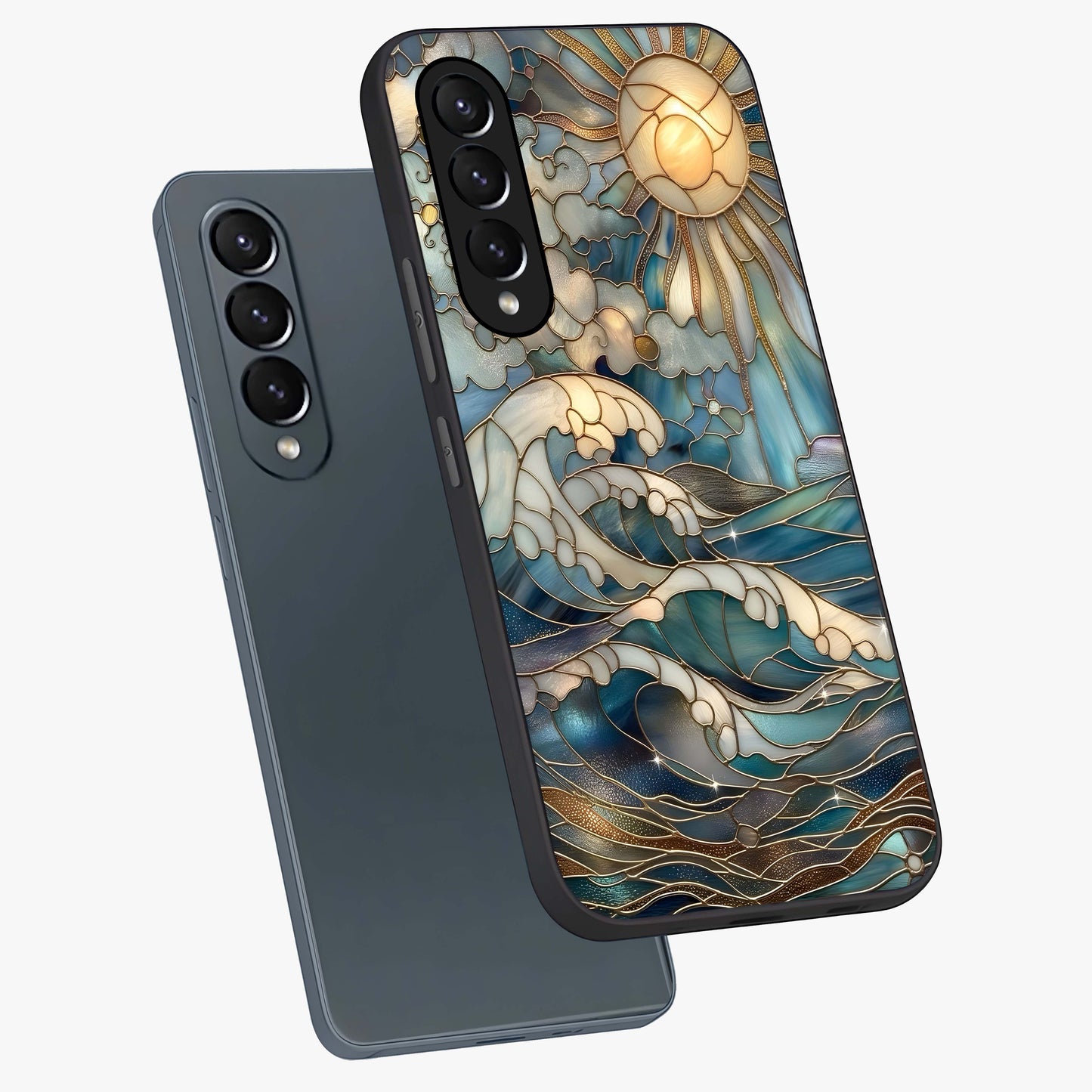 Oceanic Stained Printed Glass Case displayed in angled mockup highlighting colorful aquatic design with artistic aesthetic style.