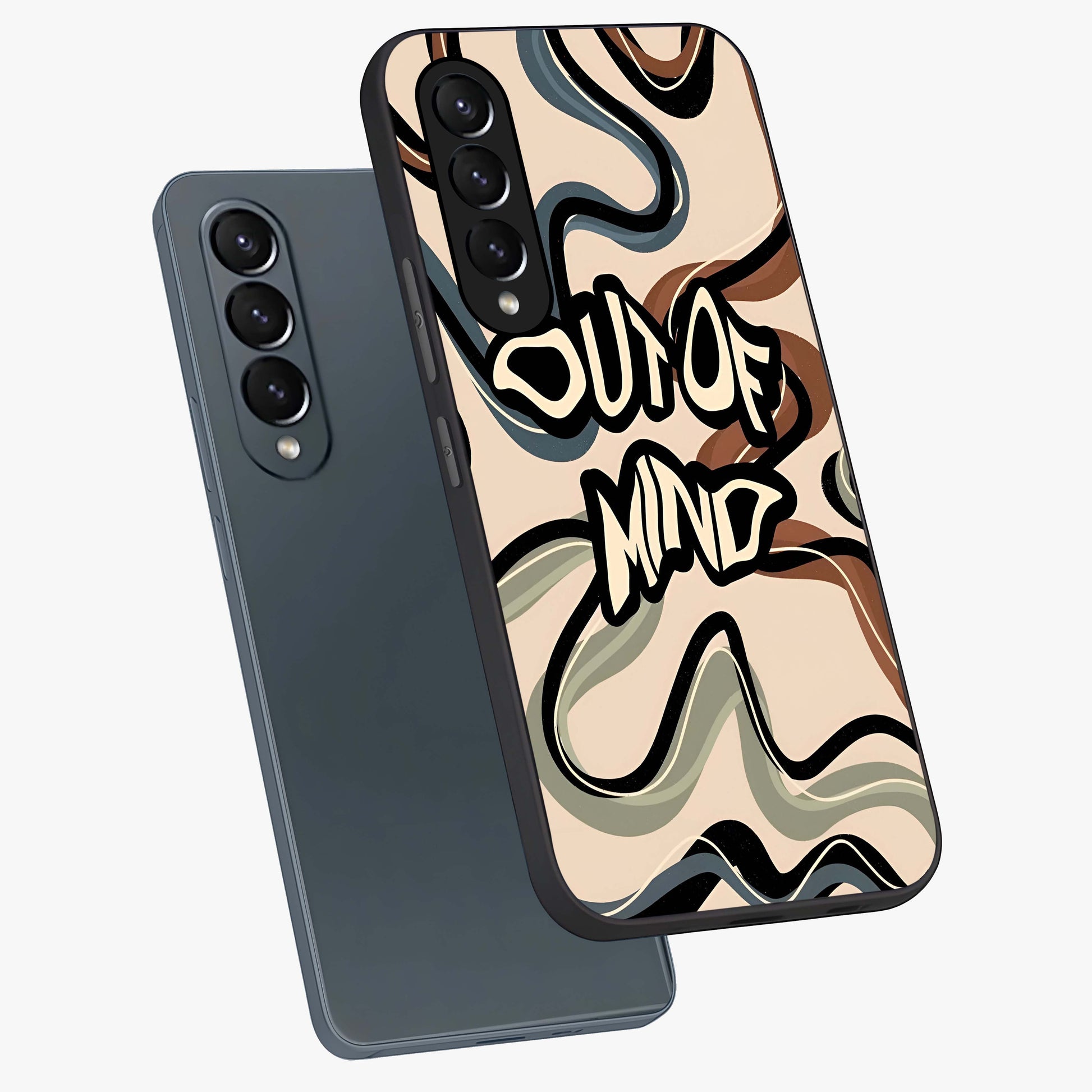 Out Of Mind Glass Case displayed in angled mockup highlighting bold statement design with modern artistic aesthetic.