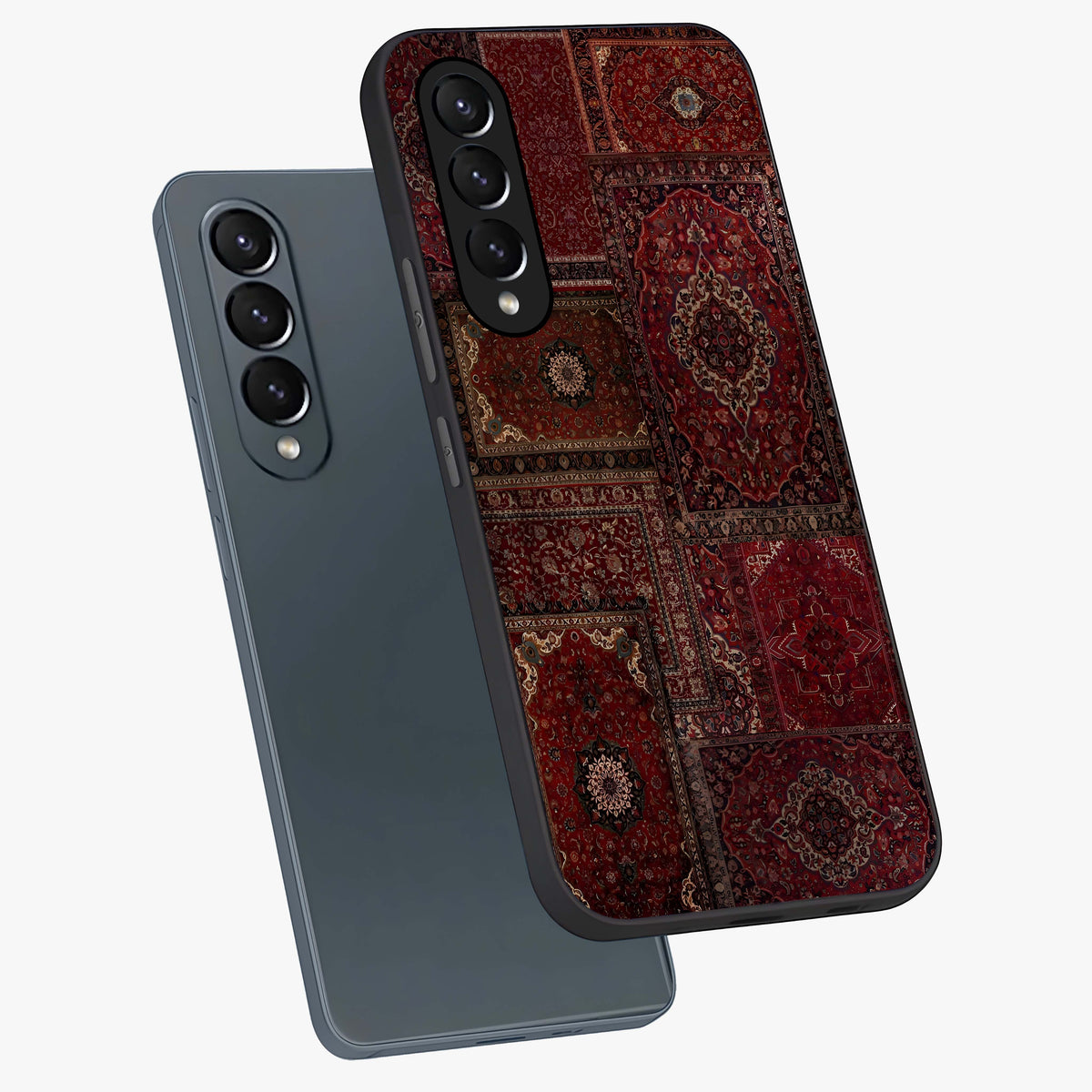 Persian Velvet Tale Glass Case displayed in angled mockup highlighting ornate textile inspired design with royal aesthetic.
