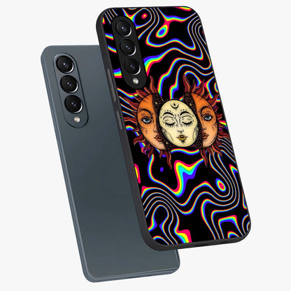 Psychedelic Sun Glass Case displayed in angled mockup highlighting vibrant abstract sun design with artistic aesthetic style.
