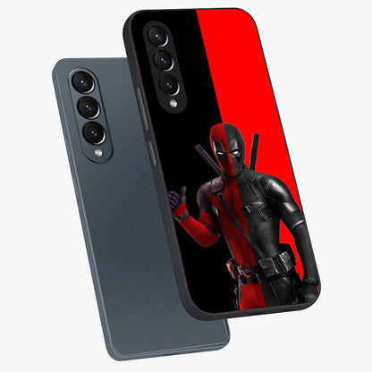 Red & Black Deadpool Theme Glass Case displayed in angled mockup highlighting vibrant superhero style illustration with action aesthetic.