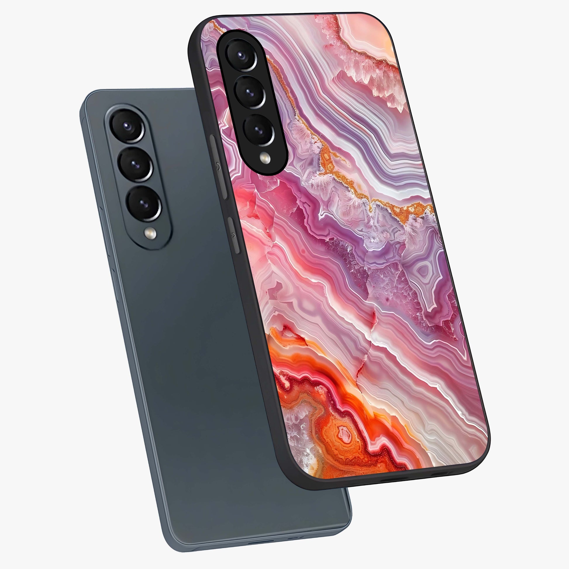 Rose Quartz Marble Glass Case displayed in angled mockup highlighting elegant marble pattern with soft aesthetic style.