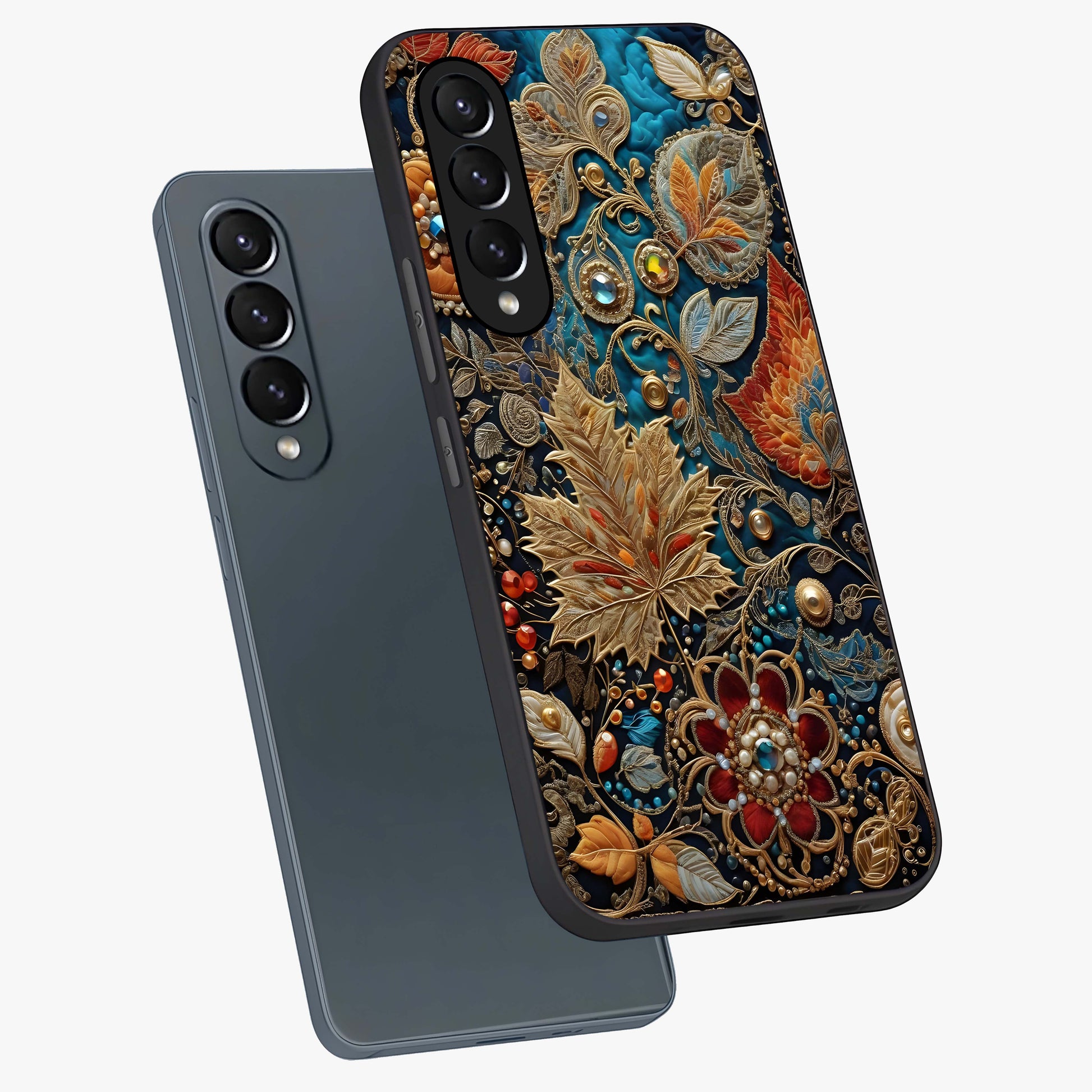 Royal Jewel Garden Glass Case displayed in angled mockup highlighting vibrant jewel inspired floral design with elegant aesthetic.