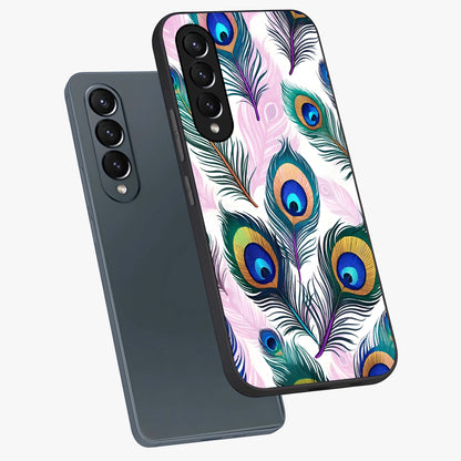 Royal Peacock Feathers Glass Case displayed in angled mockup highlighting vibrant feather pattern with regal aesthetic style.
