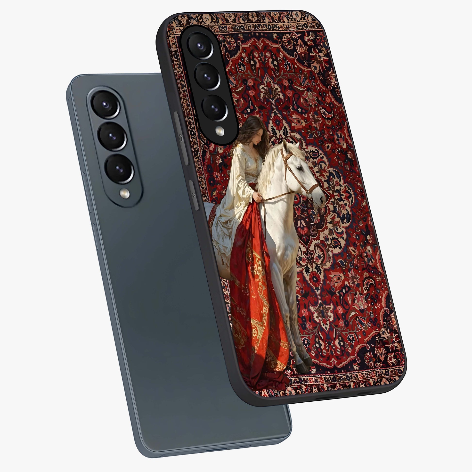 Royal Rider Tapestry Glass Case displayed in angled mockup highlighting traditional tapestry design with royal heritage aesthetic.