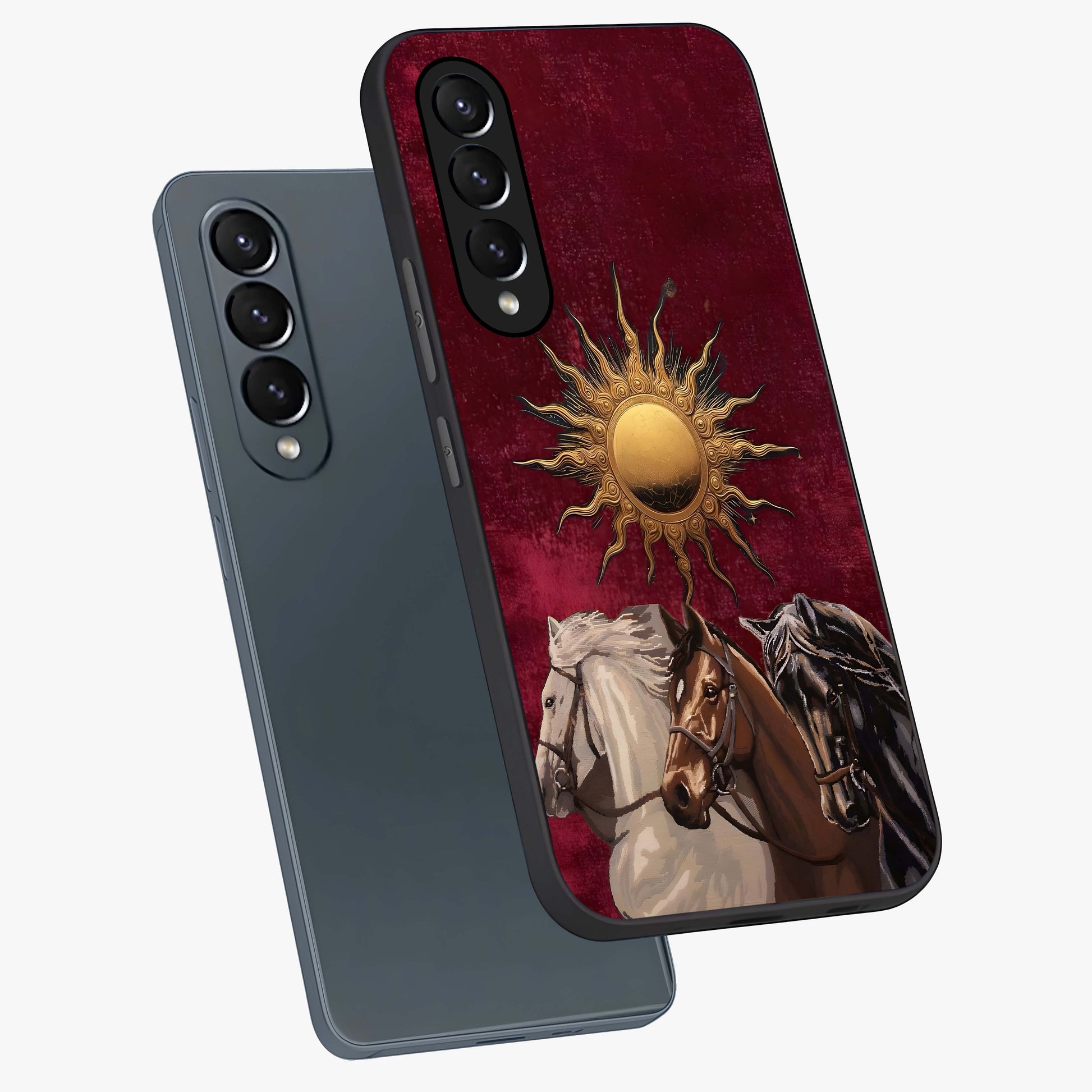 Solar Riders Glass Case displayed in angled mockup highlighting powerful rider illustration with radiant solar aesthetic.