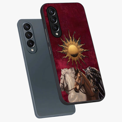 Solar Riders Glass Case displayed in angled mockup highlighting powerful rider illustration with radiant solar aesthetic.