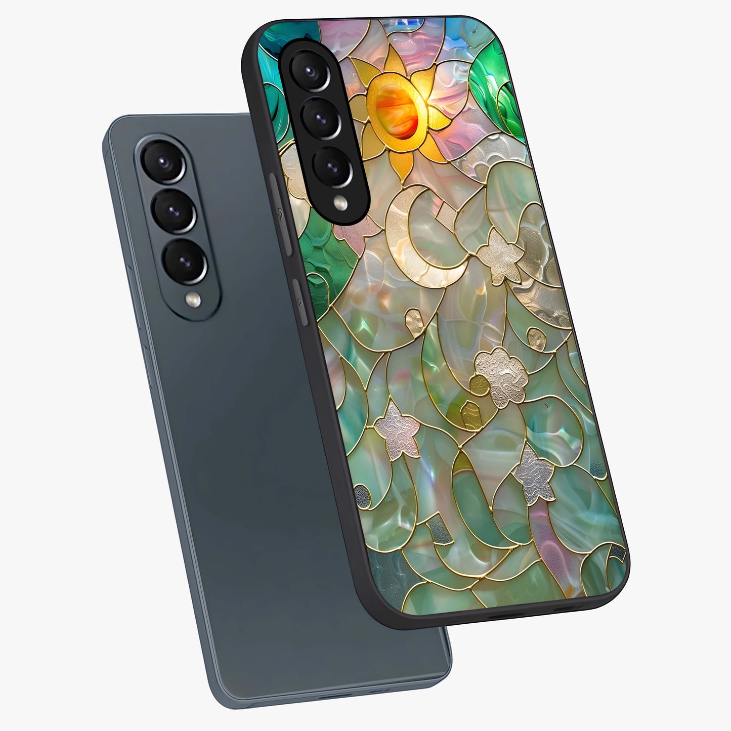 Stained Sunrise Glow Glass Case displayed in angled mockup highlighting radiant sunrise design with artistic aesthetic style.