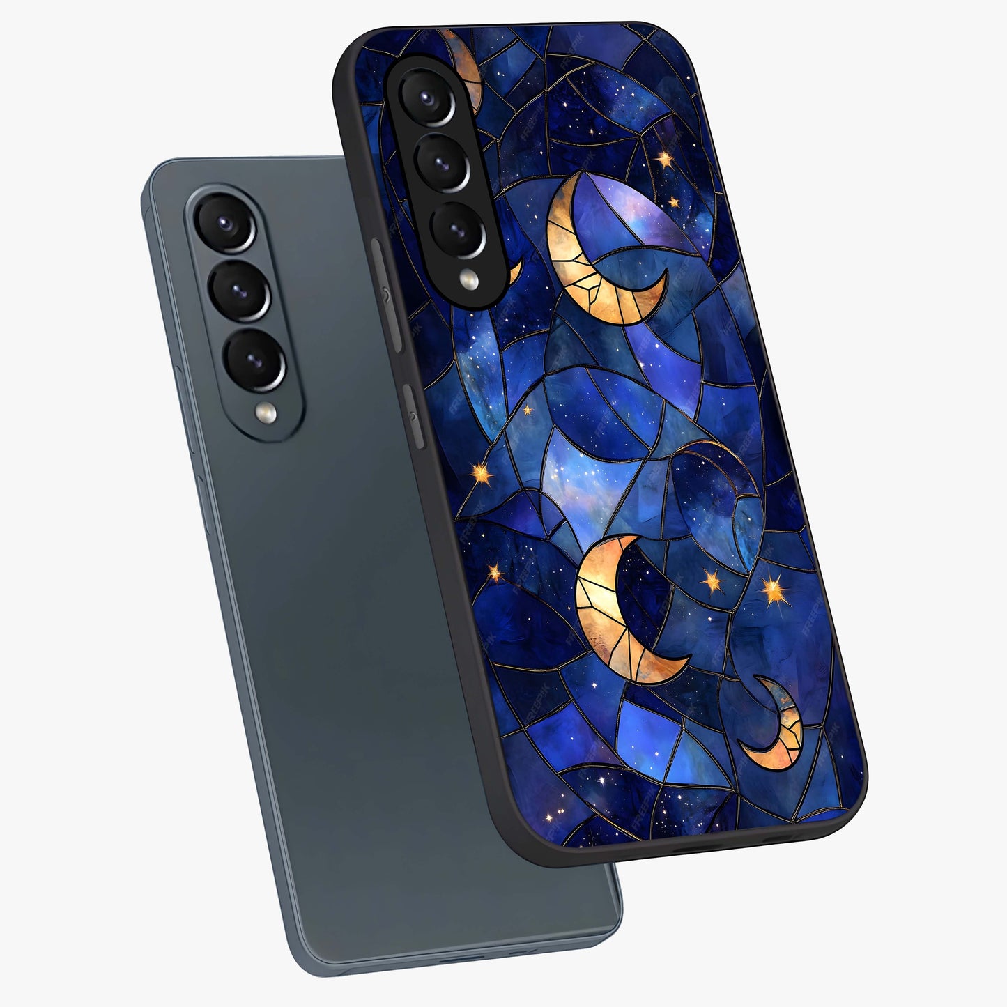 Starlit Sky Tapestry Glass Case displayed in angled mockup highlighting celestial night pattern with artistic aesthetic style.