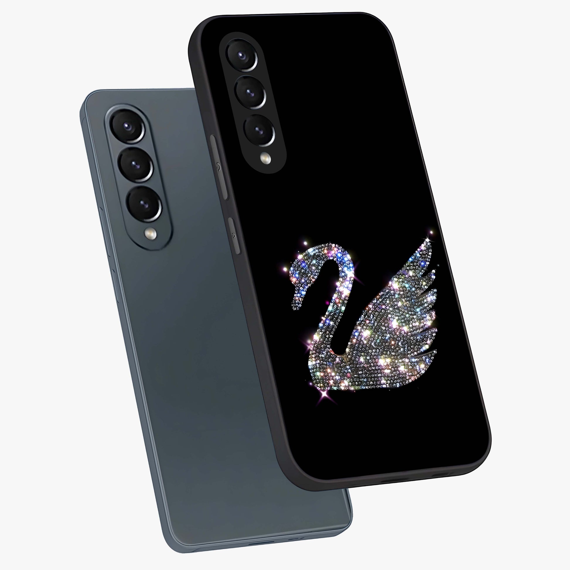Starlit Swan Grace Glass Case displayed in angled mockup highlighting elegant swan illustration with dreamy celestial aesthetic.