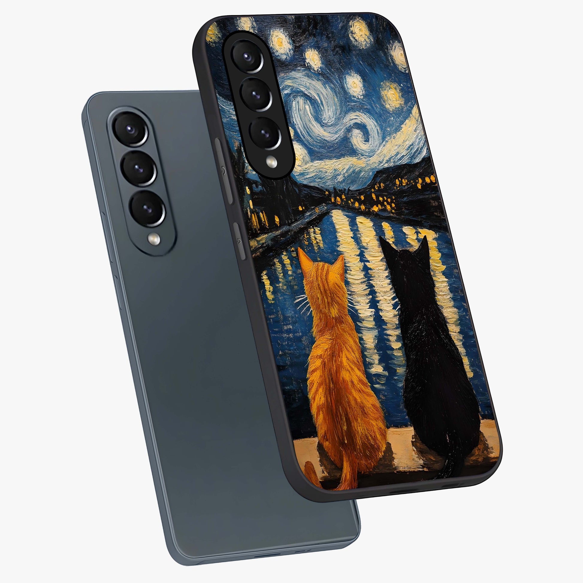 Starry River Cats Glass Case displayed in angled mockup highlighting charming feline illustration with dreamy night aesthetic.