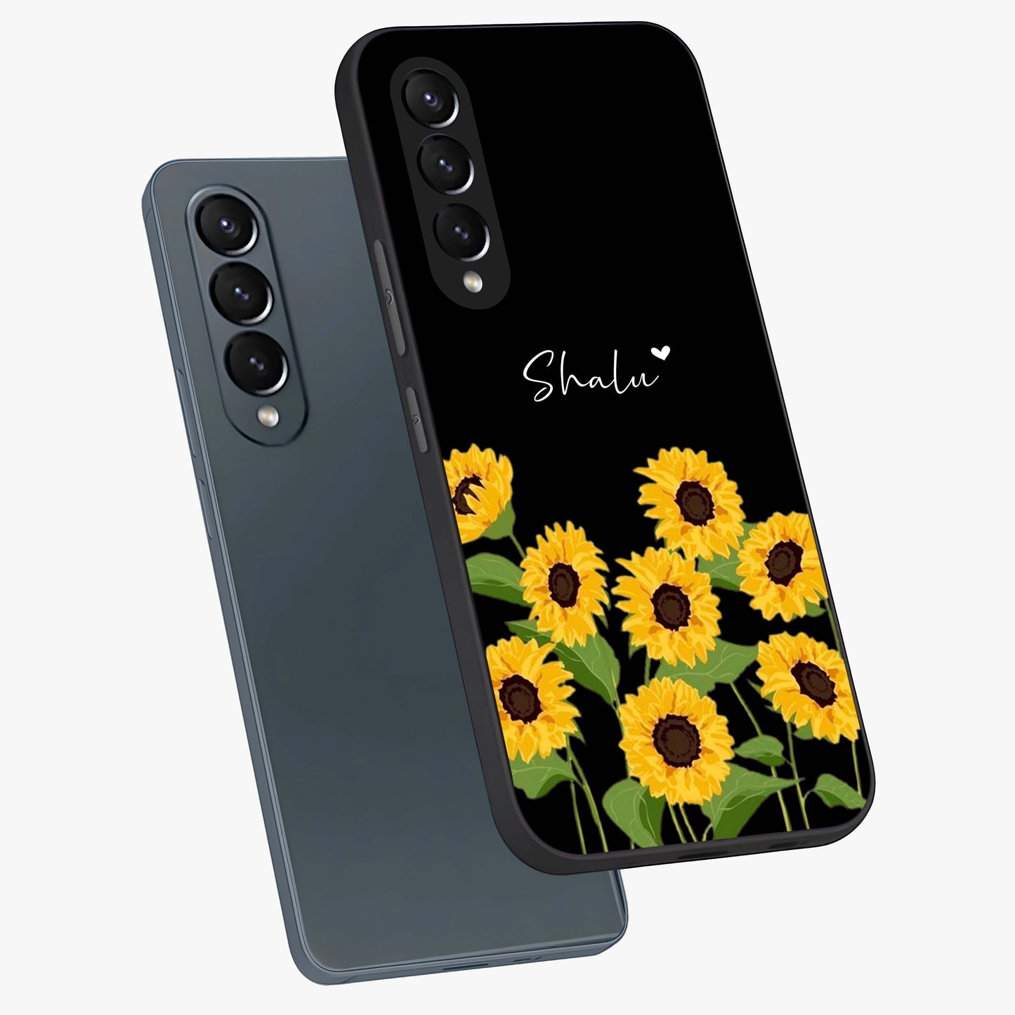 Sunflower Chic Mood Custom Name Glass Case displayed in angled mockup highlighting vibrant sunflower design with custom name feature.