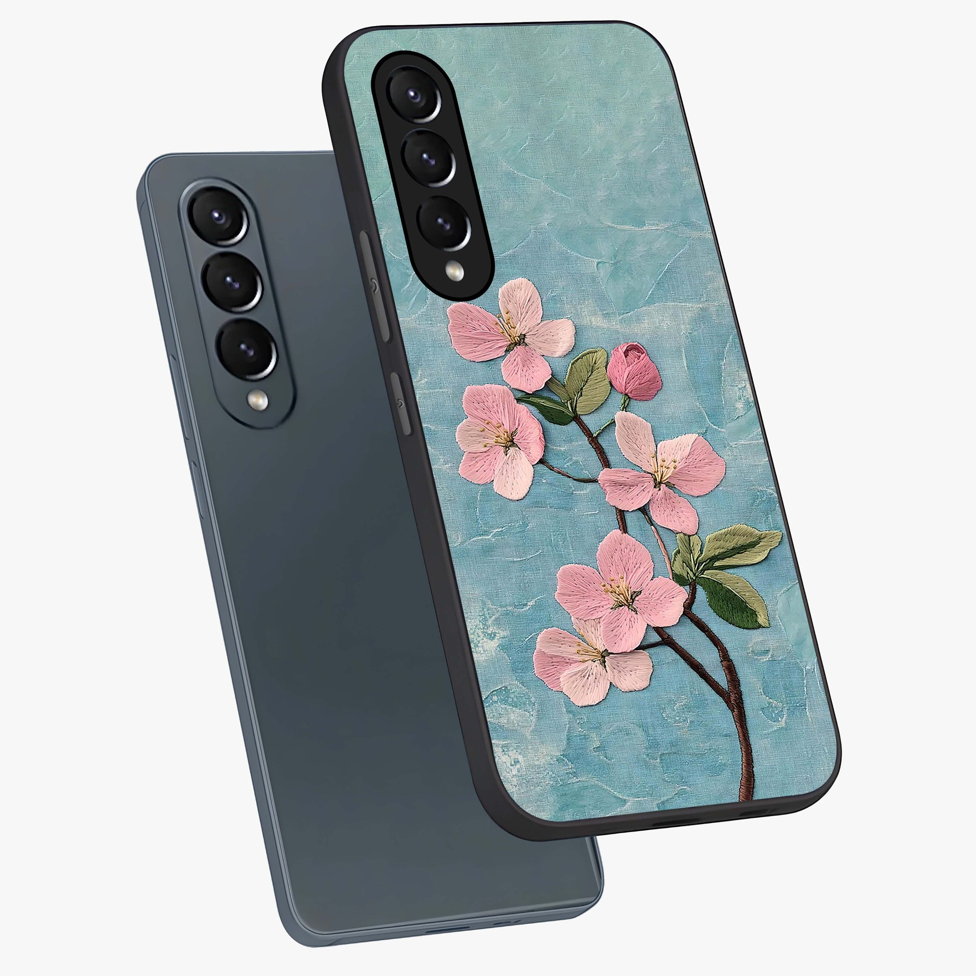 Threaded Blossom Breeze Glass Case displayed in angled mockup highlighting elegant floral design with soft aesthetic style.
