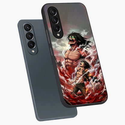 Titan Awakening Fury Glass Case displayed in angled mockup highlighting dramatic giant warrior design with bold anime aesthetic.