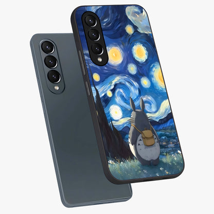 Totoro In Van Gogh Art Glass Case displayed in angled mockup highlighting artistic swirling sky design with playful animation aesthetic.