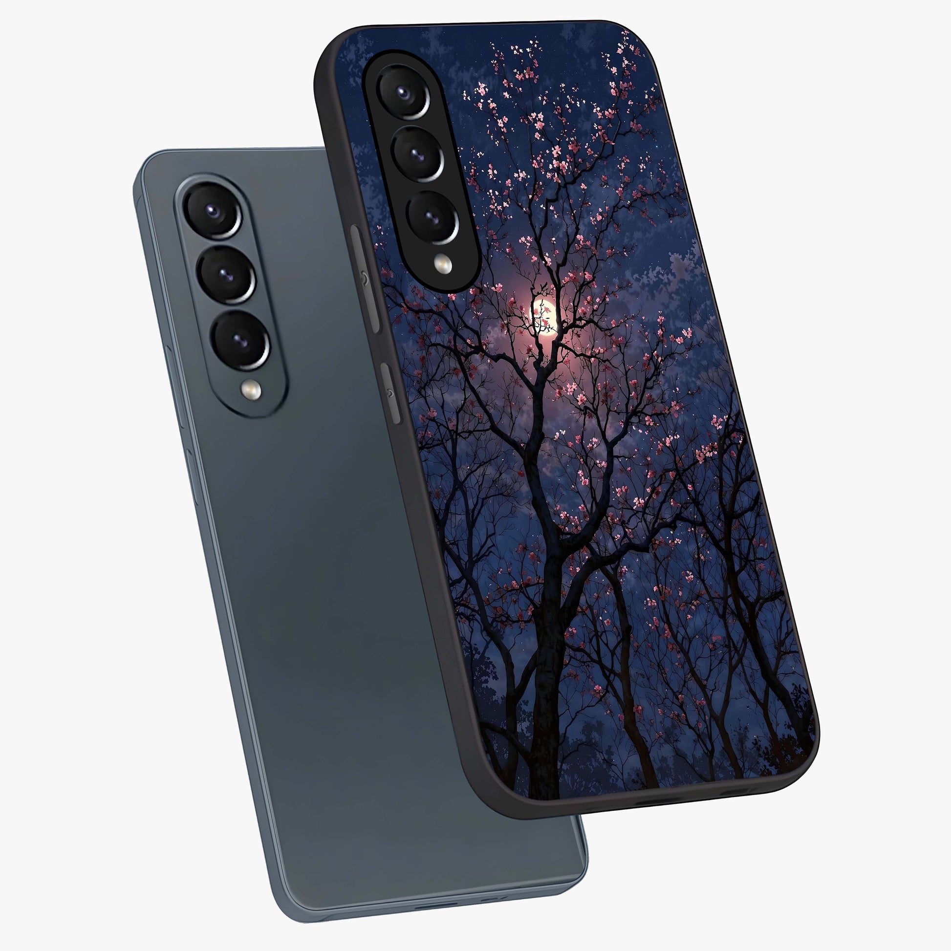 Twilight Sakura Serenade Glass Case displayed in angled mockup highlighting delicate sakura flower design with dreamy aesthetic.