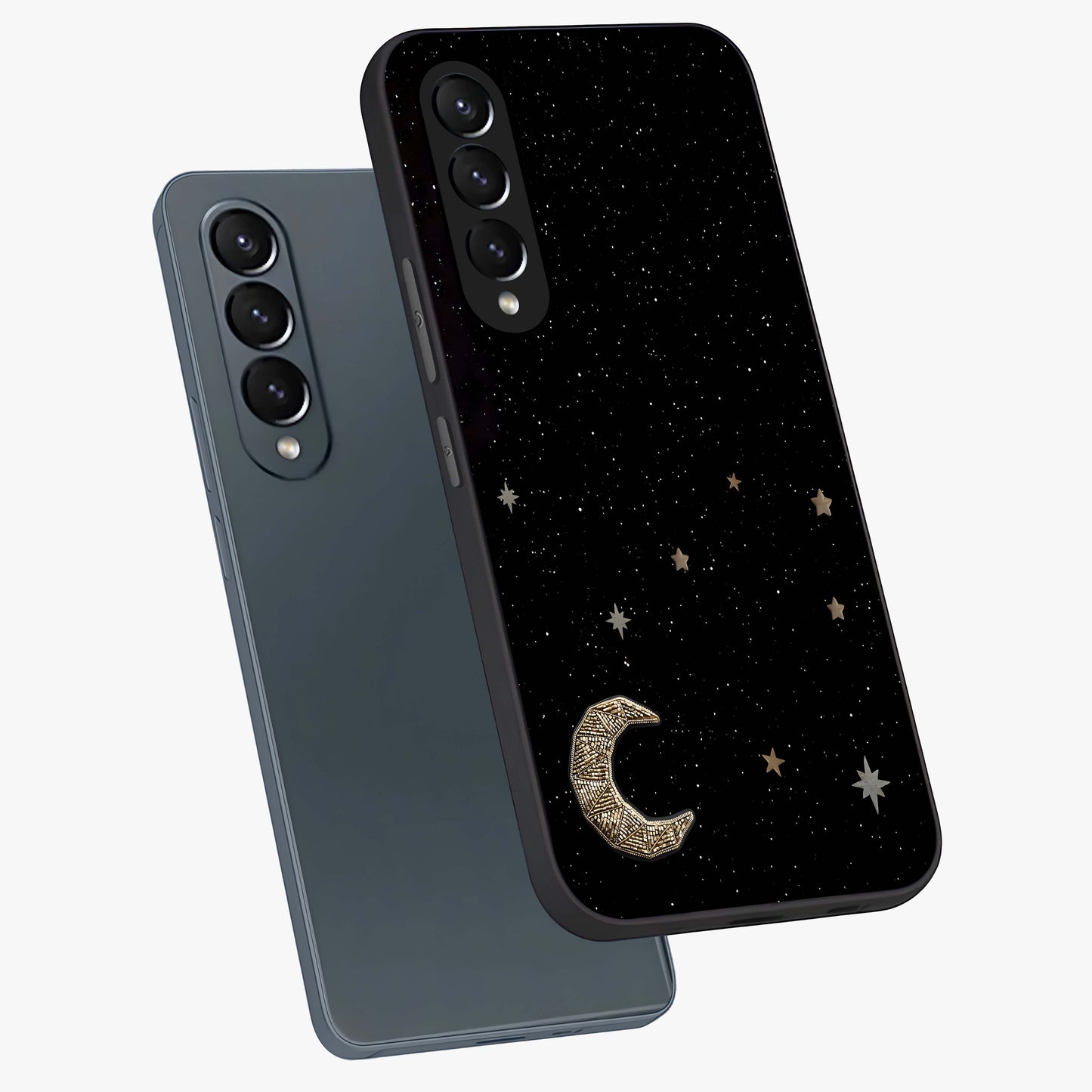 Twinkle Star With Half Moon Glass Case displayed in angled mockup highlighting celestial moon and star design with magical aesthetic.