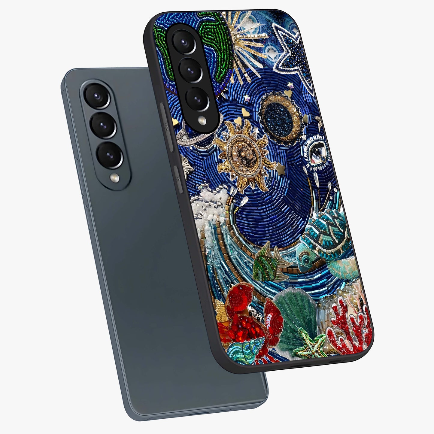 Universe Underwater Spark Glass Case displayed in angled mockup highlighting glowing aquatic design with celestial aesthetic.