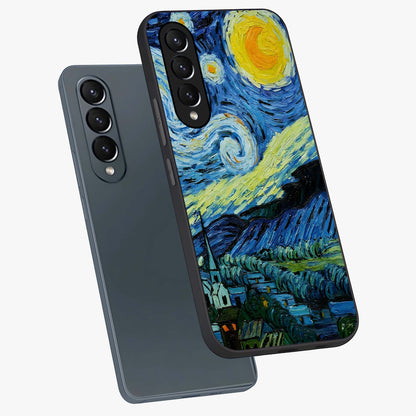 Van Gogh Art Glass Case displayed in angled mockup highlighting swirling brushstroke design with artistic aesthetic.