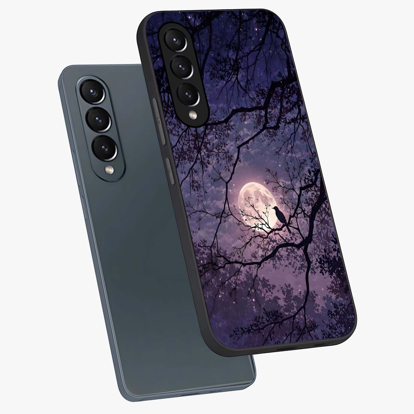 Whispering Moon Silence Glass Case displayed in angled mockup highlighting calm lunar design with dreamy night aesthetic.