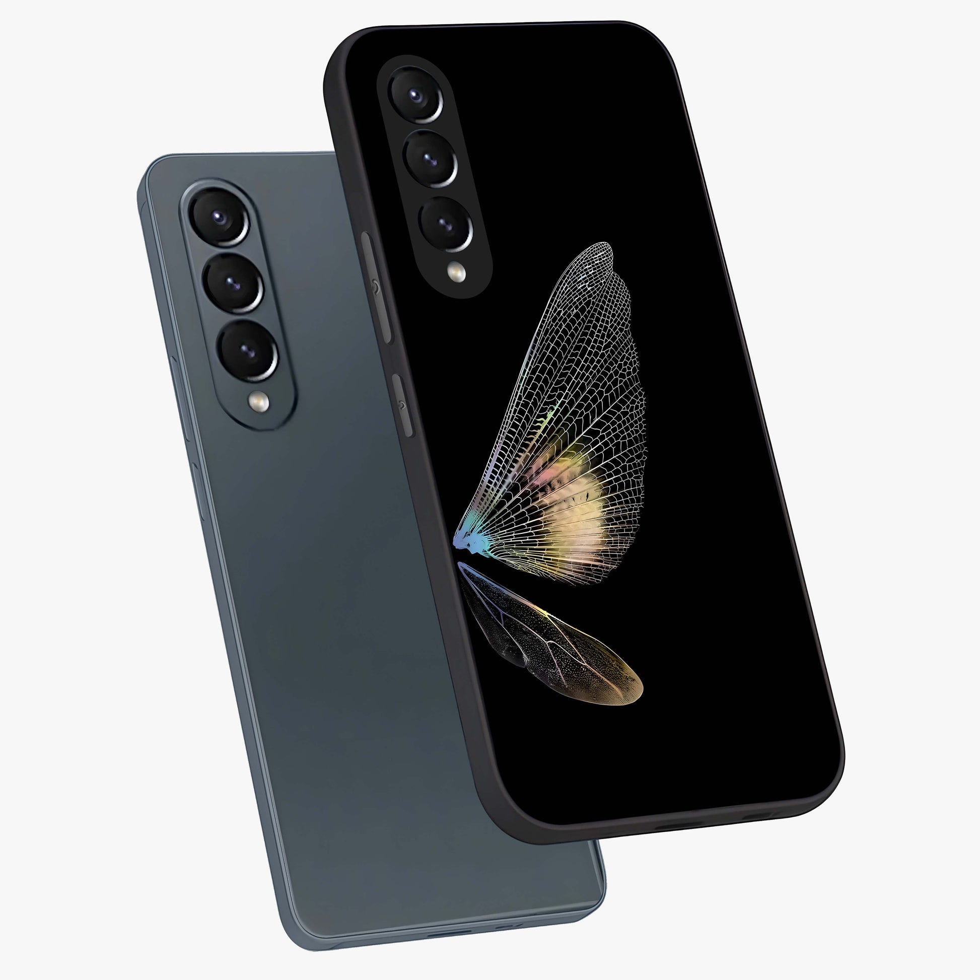 Whispers Of Wings Glass Case displayed in angled mockup highlighting soft feather design with celestial aesthetic style.