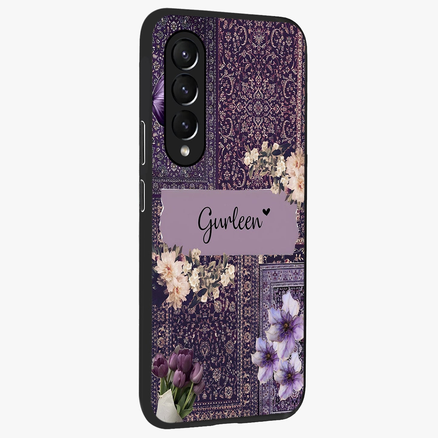 Antique Floral Whisper Custom Name Glass Case upright view showcasing delicate floral artwork with custom name feature.