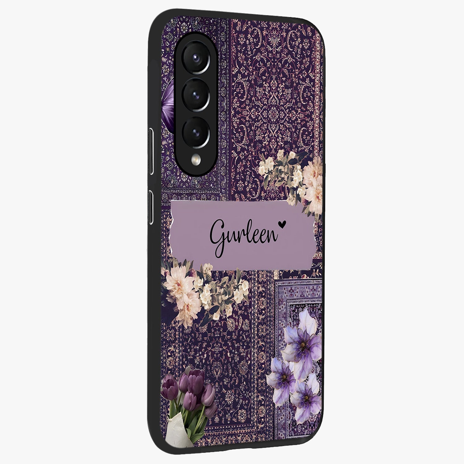 Antique Floral Whisper Custom Name Glass Case upright view showcasing delicate floral artwork with custom name feature.