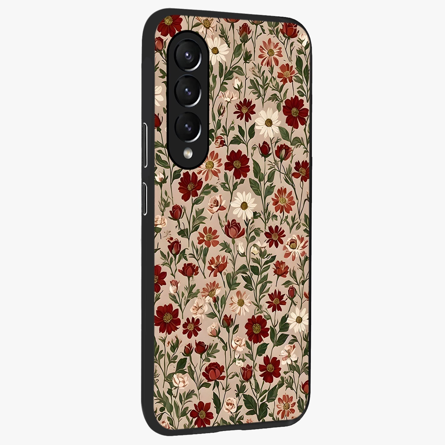 Biege Flower With Leaf Glass Case upright view showcasing delicate beige flower illustration with clean botanical style.