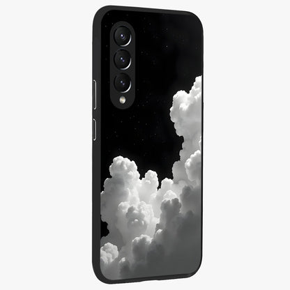 Black Background With White Cloud Glass Case upright view showcasing calm cloud aesthetic with modern minimal style.