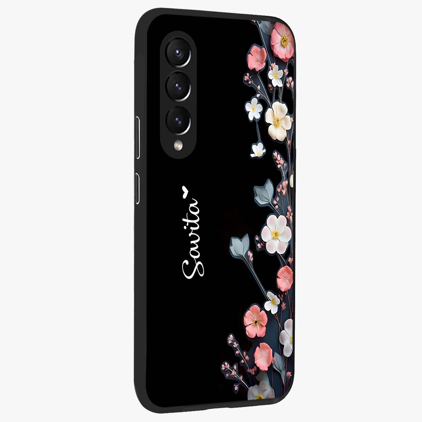 Black Elegance Floral Custom Name Glass Case upright view showcasing luxurious black floral design with personalized name detail.