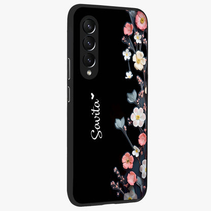 Black Elegance Floral Custom Name Glass Case upright view showcasing luxurious black floral design with personalized name detail.