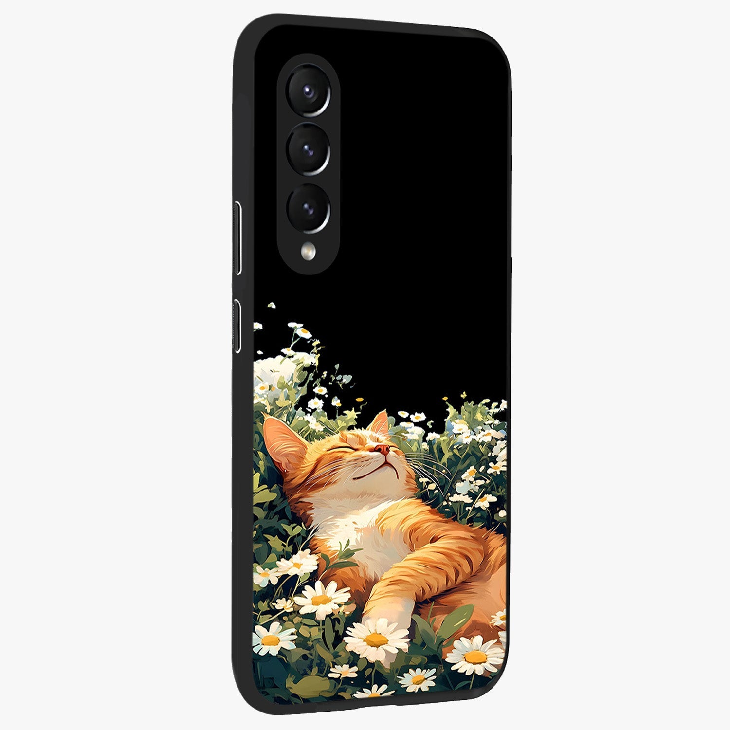Blissful Bloom Cat Glass Case upright view showcasing charming cat design surrounded by blooming floral elements.