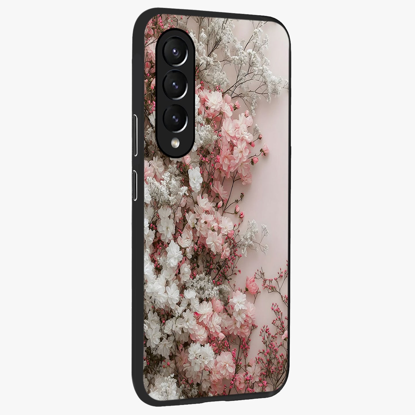 Blush Blossom Cloud Glass Case upright view showcasing calm floral cloud artwork with gentle dreamy theme.