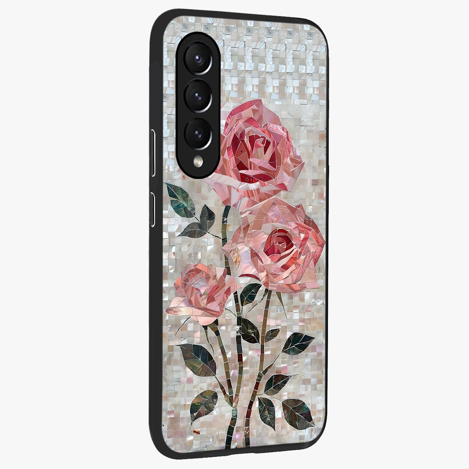 Blush Mosaic Bloom Glass Case upright view showcasing decorative floral mosaic artwork with stylish modern aesthetic.