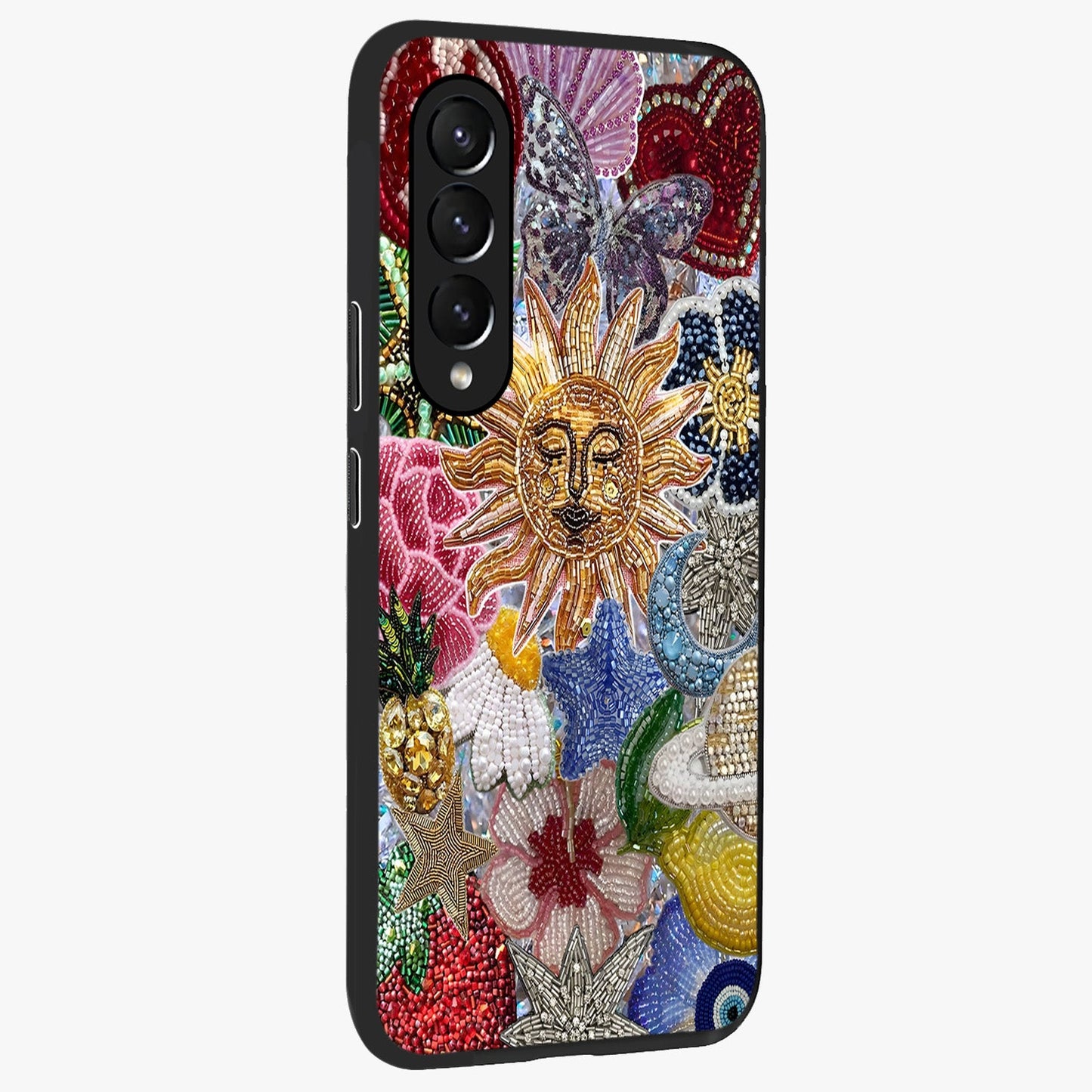 Celestial Floral and Playful Glass Case upright view showcasing whimsical floral artwork with cosmic aesthetic theme.