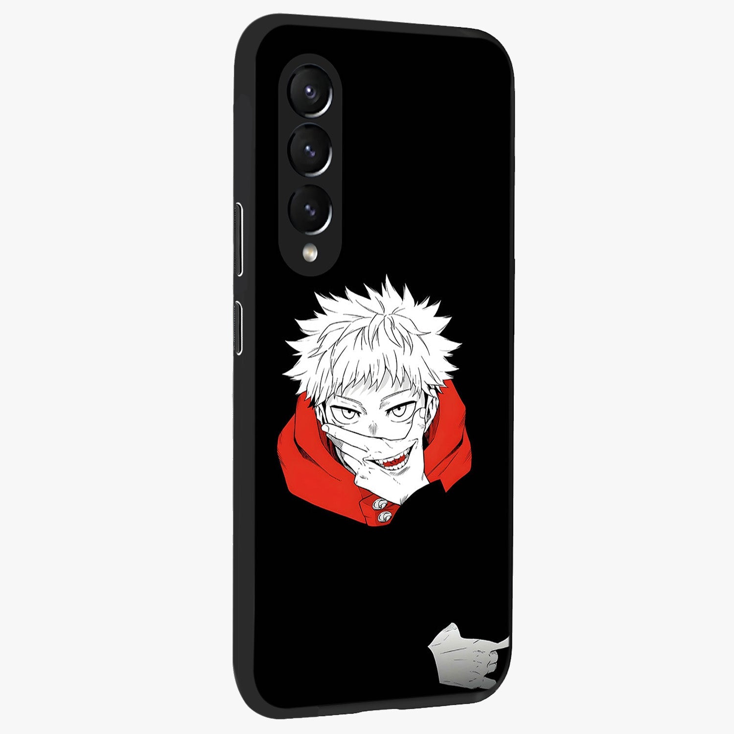 Crimson Chaos Smile Glass Case upright view showcasing expressive chaotic artwork with striking visual theme.