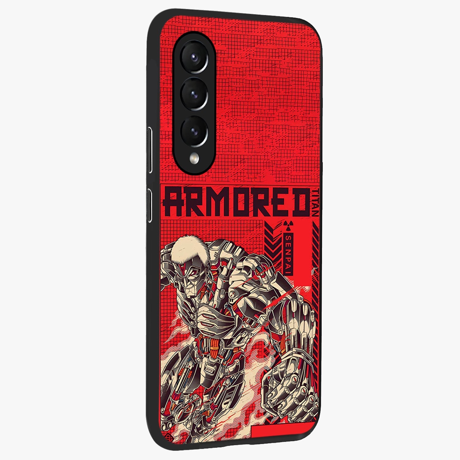 Crimson Mecha Titan Glass Case upright view showcasing dynamic robotic titan design with sci-fi inspired theme.